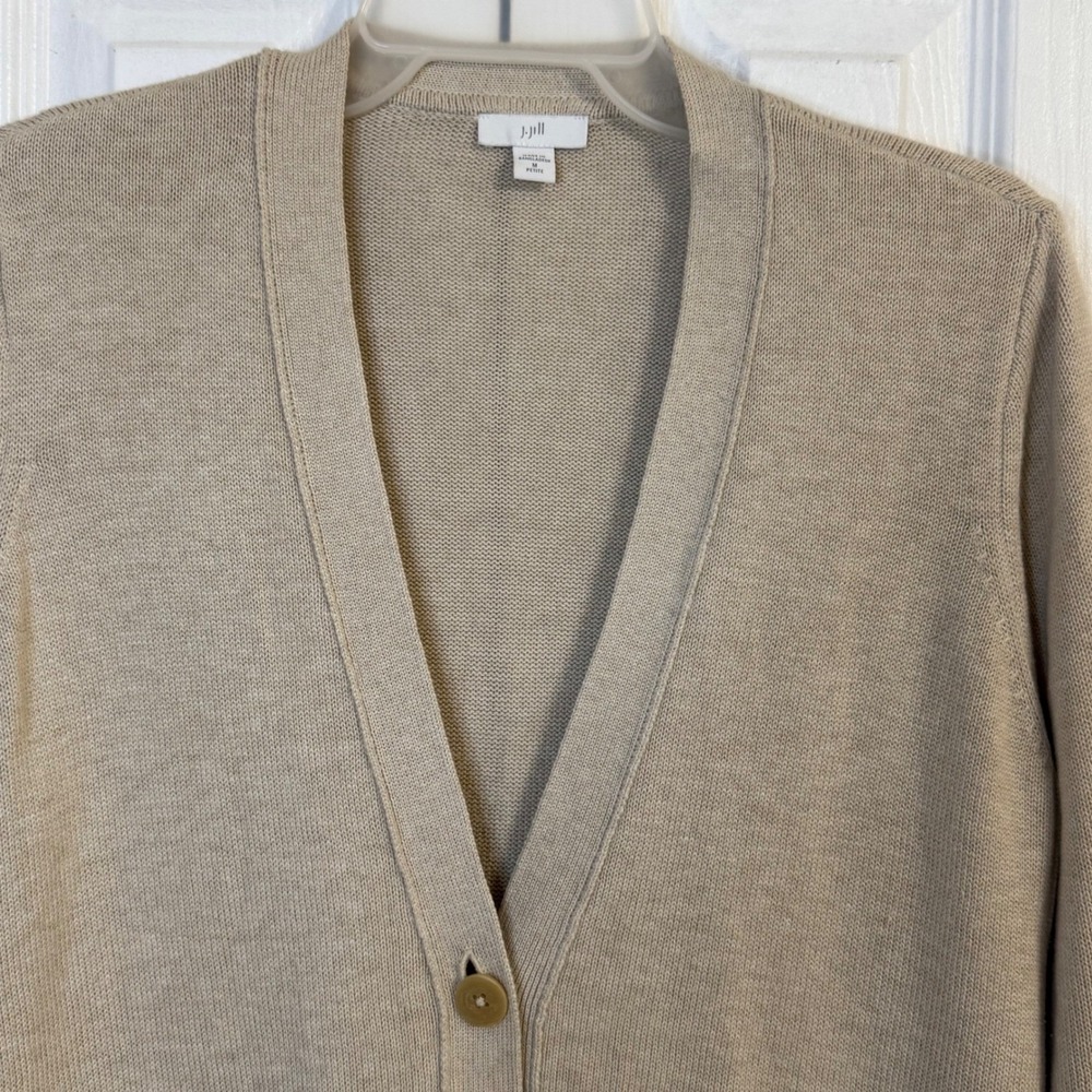 J Jill Beige Cardigan‎ Petite Medium Knit Minimalist Capsule Quiet Luxury - Picture 2 of 6